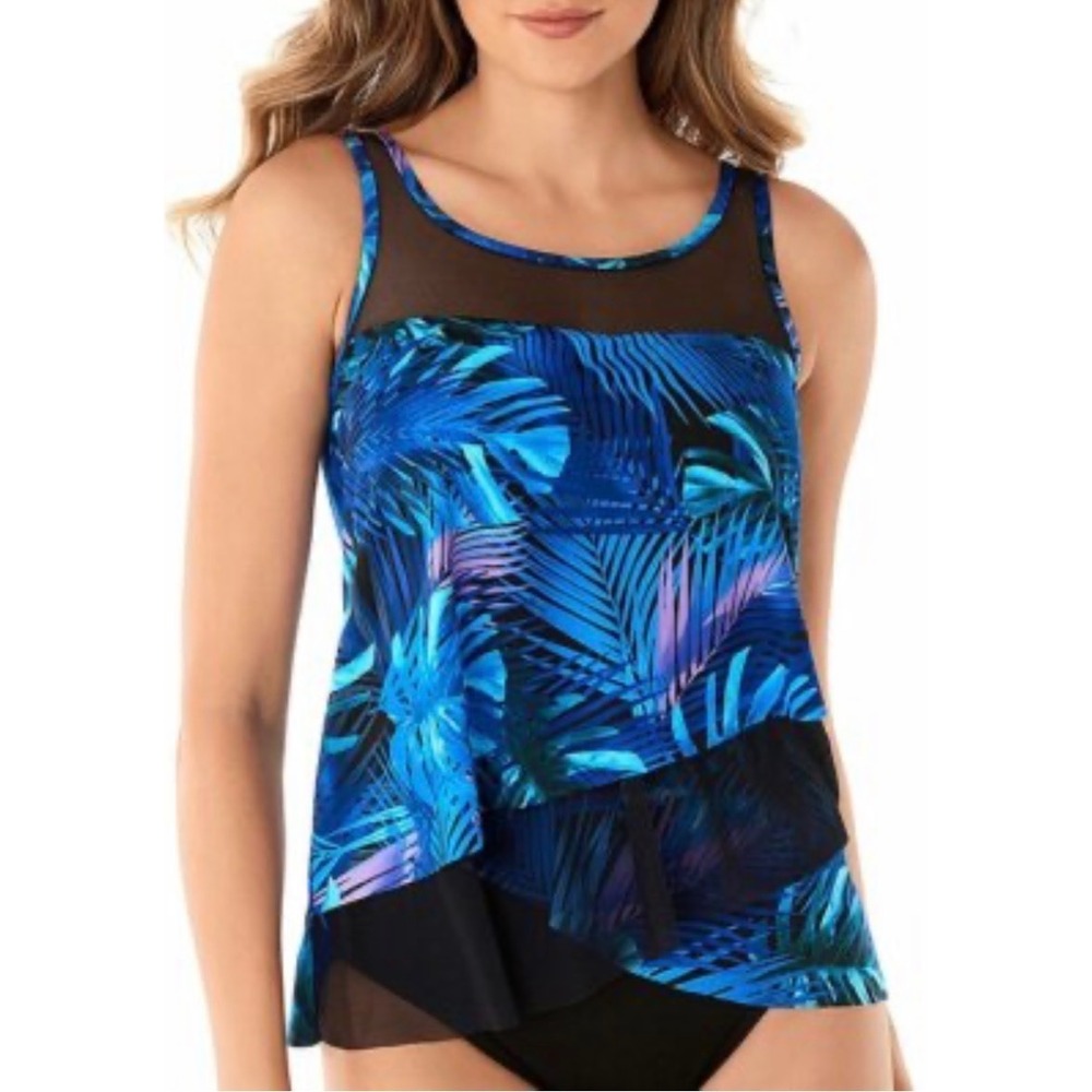 Miraclesuit Tankini Top Women 12 Blue Purple Tropical Mirage Mesh Tiered 6522841